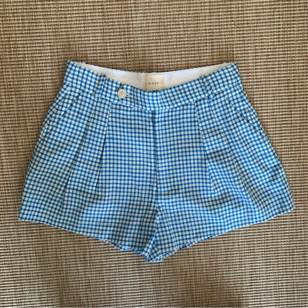 NWT Doen Kingsley Cotton Button High Waist Shorts Southhampton Gingham Blue - Picture 5 of 12